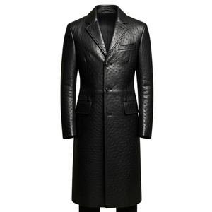 Abrigo Largo de Cuero Genuino Personalizado para Hombre, Cuello Camisero, Cierre de Cremallera, Manga Regular, Corte Ajustado, con Capucha - Product Image 1