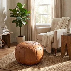 Tan Modern Leather Adjustable Pouf Ottoman Handcrafted Floor Cushion Embroidered Pattern Decorative Seating for Hotel Apartment - Product Image 1