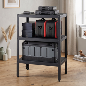 3-tier metal storage <b>shelf</b> freestanding industrial <b>rack</b> rectangle black tools organizer garage use utility <b>rack</b> - Product Image 1