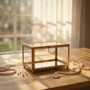 Artisan Design B100 Glass <b>Jewelry</b> Box Brass Frame <b>Mirror</b> Base <b>Storage</b> Organizer Decorative Rectangular Design 6.25x4x4 Inches - Product Image 5