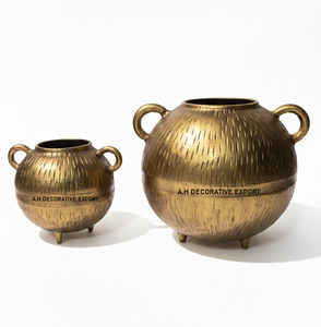 Elegant Brass Finish Round Metal <b>Vase</b>-Handcrafted Decorative Planters with Handles for Wedding Centrepiece and Modern Home Decor - Product Image 1