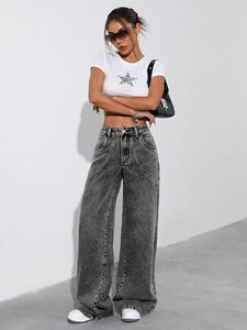 Jeans cargo pour femmes – Pantalon en denim ample à taille haute et jambes larges, coupe décontractée avec poches utilitaires - Product Image 2