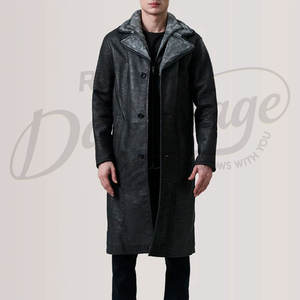 Manteau long en cuir véritable noir pour homme avec doublure en fourrure grise, chaud pour l'hiver, coupe ajustée, en peau de mouton - Product Image 1