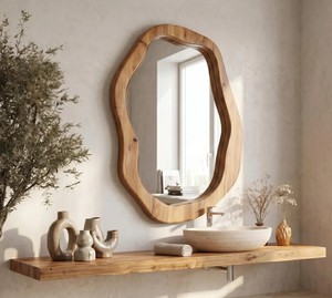Miroir LED décoratif Art Déco concave sur pied en verre pour salon, chambre, salle de bain, entrée - Product Image 1