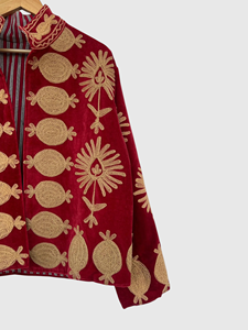 Blouson en velours rouge brodé à la main avec motif géométrique, col mandarin, manches longues, style automne pour adulte - Product Image 4