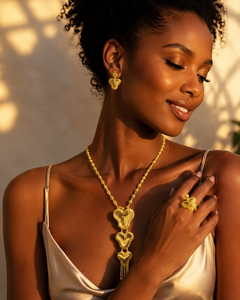 Textured Heart Design Gold Plated Statement Jewelry Set for Wedding Long Box Chain Necklace for Weddings - Product Image 3