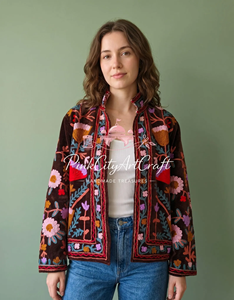 Handcrafted Velvet Embroidered <b>Quilted</b> Jacket Traditional Rajasthani Boho Floral Winter Women's Breathable Eco-Friendly Long - Product Image 4