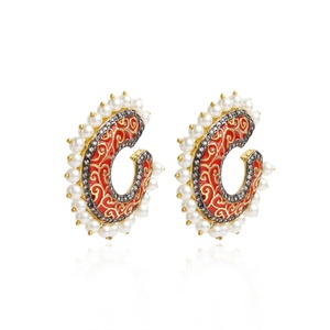 Red Enamel Kundan <b>Dangle</b> <b>Earrings</b> <b>Gold</b> Plated Pearl Handcrafted Bell Shape Vintage Indian Statement <b>Earrings</b> - Product Image 4