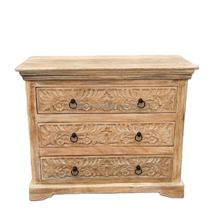 Commode en bois moderne Tiva avec 3 tiroirs, finition blanche vieillie, design élégant pour usage hôtelier, bois de manguier - Product Image 1