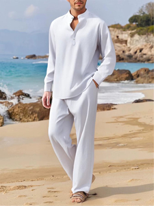 Ensemble d'été décontracté pour homme : chemise respirante et pantalon uni, idéal pour les voyages et la plage - Product Image 4
