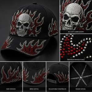 Custom 6 Panel Structured Baseball <b>Cap</b> with 3D Puff Embroidery Skull Logo Hotfix Rhinestone Flame Design Curved Brim Adjustable - Product Image 6
