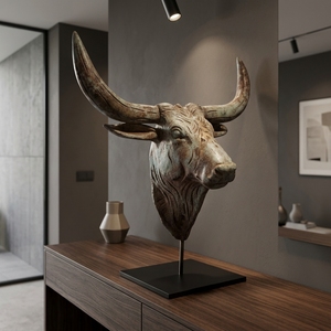 Bull Suge Stand Handcrafted <b>Wooden</b> Animal Head Sculpture <b>Rustic</b> Tribal Tabletop Decorative Artwork Metal Stand Home Decor Accent - Product Image 3