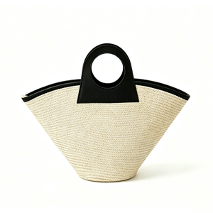Customized Natural straw ring handle tote bag, <b>black</b> <b>patent</b> contrast trim woven <b>handbag</b>, fan‑shaped straw shopper - Product Image 2