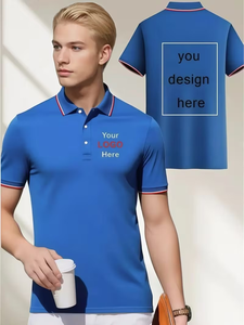 Men's Blue Polo Shirt Short Sleeve Knitted Solid Color Back Design Casual Style - Product Image 1