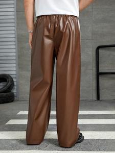 Pantalones Anchos de Cuero PU Marrón para Hombre, Cintura Elástica con Cordón, Estilo Casual para Otoño, con Bolsillos Laterales - Product Image 4