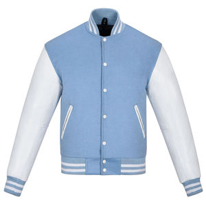 Blouson Bomber Varsity Homme Bleu Ciel Clair Corps Blanc Manches Rayées Poignets Style Baseball Veste Extérieure Type Letterman Matelassé sur le Devant - Product Image 1