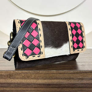 Conjunto de 2 Piezas: Bolso Tote de Cuero Genuino a Cuadros y Cartera de Mano de Cuero Vacuno Grabado a Mano, Novedad 2026 - Product Image 5