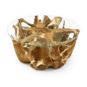 Mesa de Centro de Raíz de Teca Premium, Rústica, Moderna, Ecológica y Duradera, con Tapa de Vidrio Templado, Muebles de Sala Hechos a Mano, de Lujo - Product Image 1