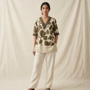 Women Cotton Kurta Floral Printed V Neck 3/4 Sleeve <b>Embroidered</b> Hem Casual Indian Ethnic <b>Tunic</b> Top - Product Image 1