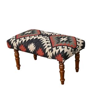 Banc en kilim tissé à la main en laine et jute avec pieds en bois, design traditionnel antique, éco-responsable, fait main, ottoman pour chambre à coucher - Product Image 5