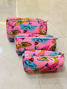 Juego de Bolsas Cosméticas de Algodón Acolchado con Estampado a Mano Indio, Estampado de Pájaros Rosa Brillante, Bolsa de Maquillaje al por Mayor - Product Image 2