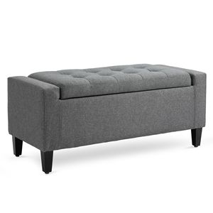 Pouf contenitore salvaspazio in lino grigio con coperchio sollevabile e design salvaspazio - Product Image 1