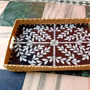 Premium Quality Round Rattan Tray with Mother of Pearl Inlay Artistic Design Perfect for Serving and Gifting from India - Product Image 1