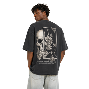 T-shirt gothique à imprimé floral au dos pour hommes, coupe oversize streetwear décontractée, DTG avec motifs de crânes et graphiques de roses - Product Image 1
