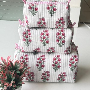 Vintage Embroidered Cotton Cosmetic Toiletry <b>Bag</b> Set Pink Floral Pattern Multi-Function Organizer Large Size Cover Closure - Product Image 3