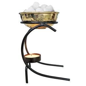 Handmade Brass Bowl Oil Burner with Black Metal Stand and <b>Tealight</b> Candle <b>Holder</b> Decorative Aromatherapy Wax Warmer - Product Image 2