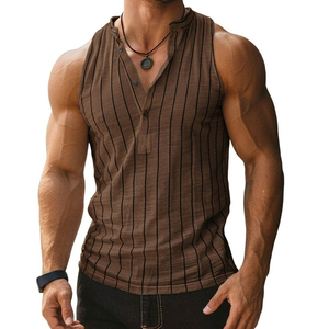 Custom Logo Men's Striped Sleeveless Muscle Vest Wholesale Athletic Henley Tank Top Breathable <b>Stand</b> Collar Tank Tops For Men - Product Image 1