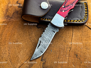 Juego de Cuchillos de Caza de Acero de Damasco Hechos a Mano, 5 Piezas, Mango Rojo, Hoja de Punta Caída, Cuchillo Utilitario de Filo Recto, Funda de Cuero - Product Image 5