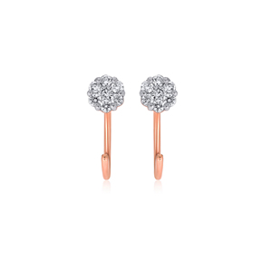 Boucles d'oreilles manchette en or rose avec diamants floraux roses, clous d'oreilles en diamant taille brillant rond, bijoux classiques pour femme à porter au quotidien - Product Image 1