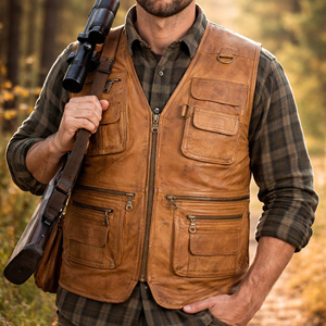 Genuine Leather Handmade Plus Size Men's Hunting Vest | Breathable Summer Riding Waistcoat for Biking & Fishing - Product Image 1