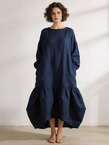 Robe longue élégante pour femmes, bleu marine uni, col rond, manches longues bouffantes, ourlet à plusieurs niveaux, style bohème, robe d'été décontractée - Product Image 4