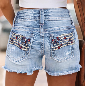Shorts en jean taille basse style américain, coupe skinny, ourlet effiloché, délavé vintage, sexy, pour l'été - Product Image 3