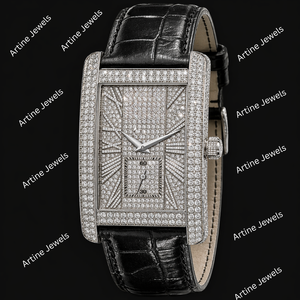 Reloj Rectangular Plateado para Hombre con Correa de Cuero Negra, Esfera con Piedras Brillantes, Reloj de Lujo, Estilo Clásico - Product Image 2