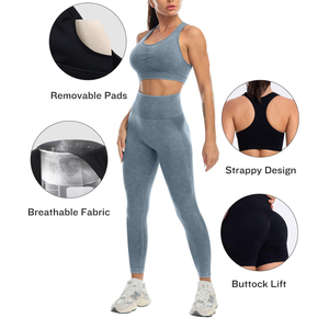 <b>Women</b> <b>Blue</b> Seamless Yoga Set Sports Bra High Waist <b>Leggings</b> 2 Piece Full Length Racerback Crop Top Solid Color - Product Image 4