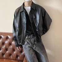MANWA Veste en jean unisexe en cuir PU, col montant, fermeture éclair, couleur unie, style motard, coupe ample, coupe-vent pour l'hiver