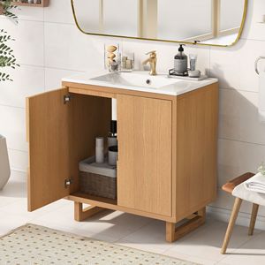 Mobile Bagno da 30 Pollici con Struttura in Legno Massello, Lavabo e Armadietto Contenitore Integrati - Product Image 2