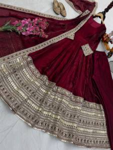 Traje de lujo Anarkali de seda georgette color granate con bordado pesado de oro Zari, vestido largo acampanado para bodas indias y pakistaníes - Product Image 5