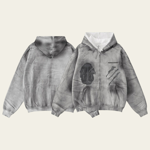 Vintage Acid Wash Zip Up Hoodie <b>Men</b> Oversized Distressed Streetwear Graphic Print Full Zip <b>Grey</b> Hooded <b>Sweatshirt</b> - Product Image 1