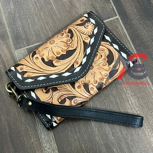 Premium Handcrafted Genuine Cow Leather Tooled Floral <b>Wristlet</b> Wallet for Women Western Clutch Card Holder RFID Travel Wallet - Product Image 1