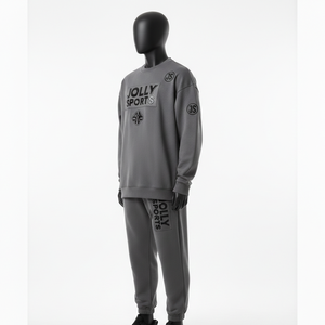 T-shirt et pantalon pour homme en molleton de coton et polyester premium, gris, avec impression en relief et broderie, logo personnalisé. - Product Image 4