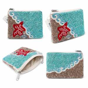 Monedero de Tyvek hecho a mano con cuentas de estrella de mar para mujer, bolsa abierta con temática de playa, mini cartera con diseño oceánico y correa de muñeca grande - Product Image 4