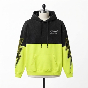 Mens Black Neon <b>Yellow</b> Color Block Acid Wash Pullover <b>Hoodie</b> Lightning Sleeve Graphic Streetwear Custom Wholesale Styles - Product Image 1