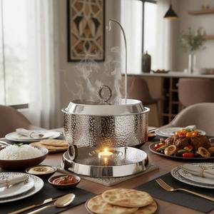 Plat de service de luxe en acier inoxydable martelé avec couvercle suspendu et accents en bois pour buffets, traiteurs et services de mariage - Product Image 2