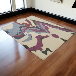 Alfombra de Lana de Lujo Moderna, Abstracta y Expresionista, Tejida a Mano, con Diseño de Goteo de Pintura en Crema, Beige, Morado y Gris, Suave y Tridimensional - Product Image 3