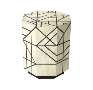Ivory White Black Abstract Geometric Faceted <b>Stools</b> Mother of Pearl Handcrafted Mosaic <b>Small</b> Side Table Living Room Decor - Product Image 1