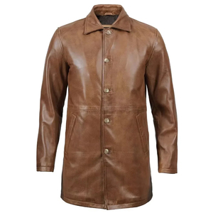 Abrigo Largo de Cuero Genuino para Hombre, Cuello Camisero, Cierre de un Solo Botón, Manga Regular, Grosor Estándar - Product Image 6